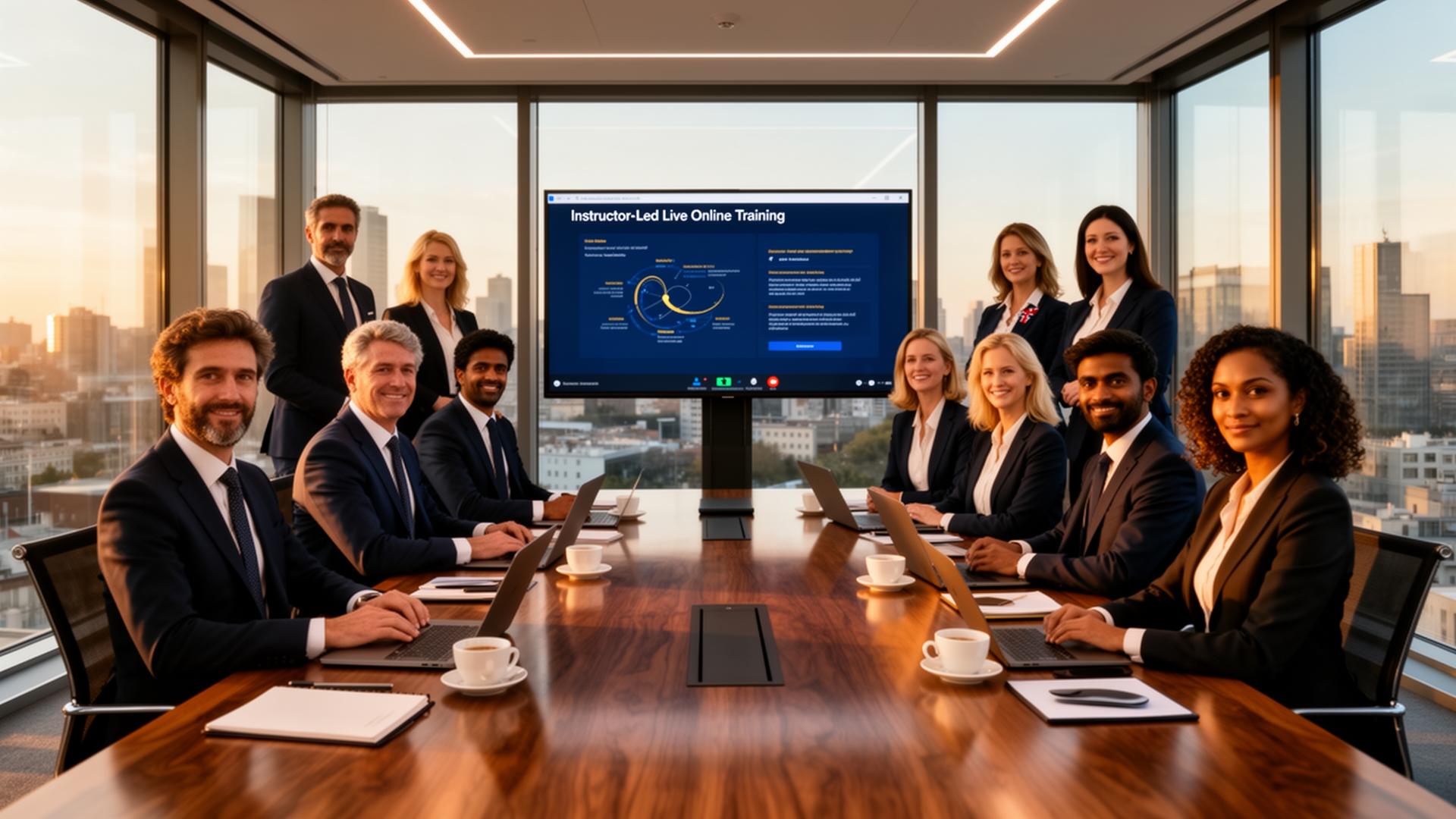 International cohort of European, American, Indian, Australian and African working professionals in corporate attire collaborating around a boardroom table